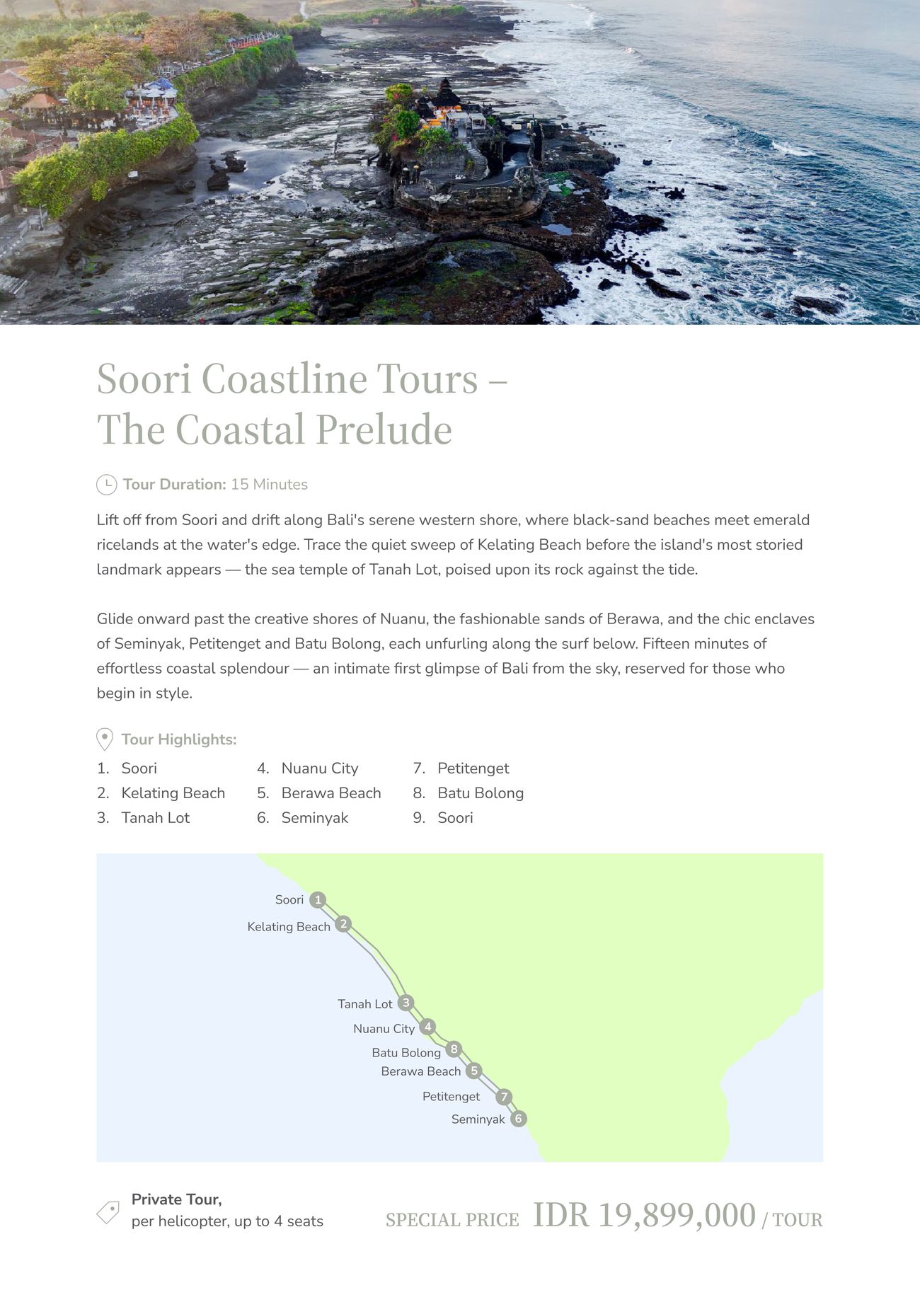 The Coastal Prelude — 15 minutes, private charter IDR 19,899,000