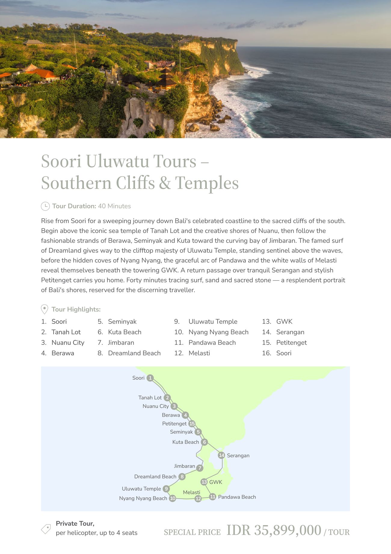 Southern Cliffs & Temples — 40 minutes, private charter IDR 35,899,000