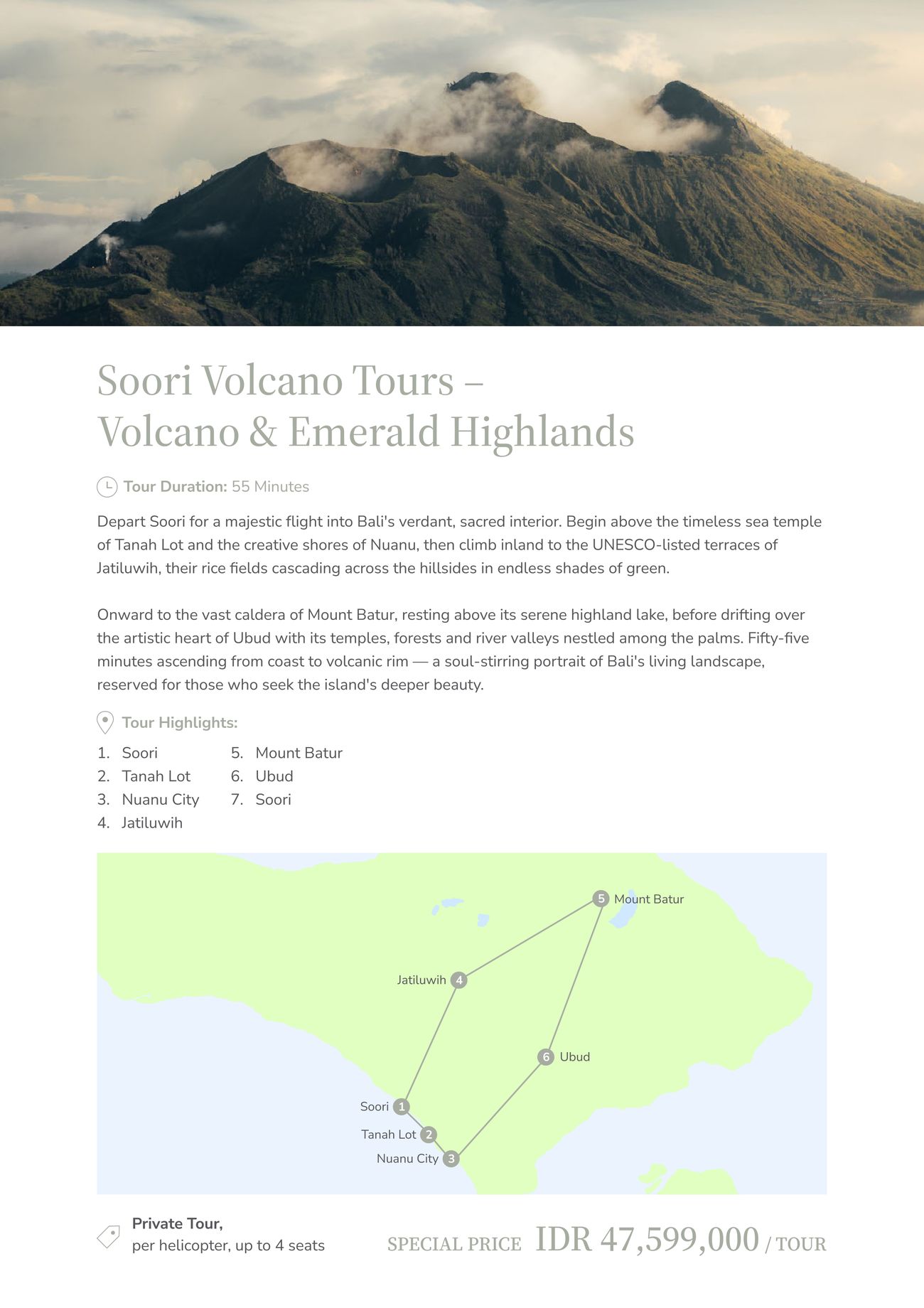 Volcano & Emerald Highlands — 55 minutes, private charter IDR 47,599,000